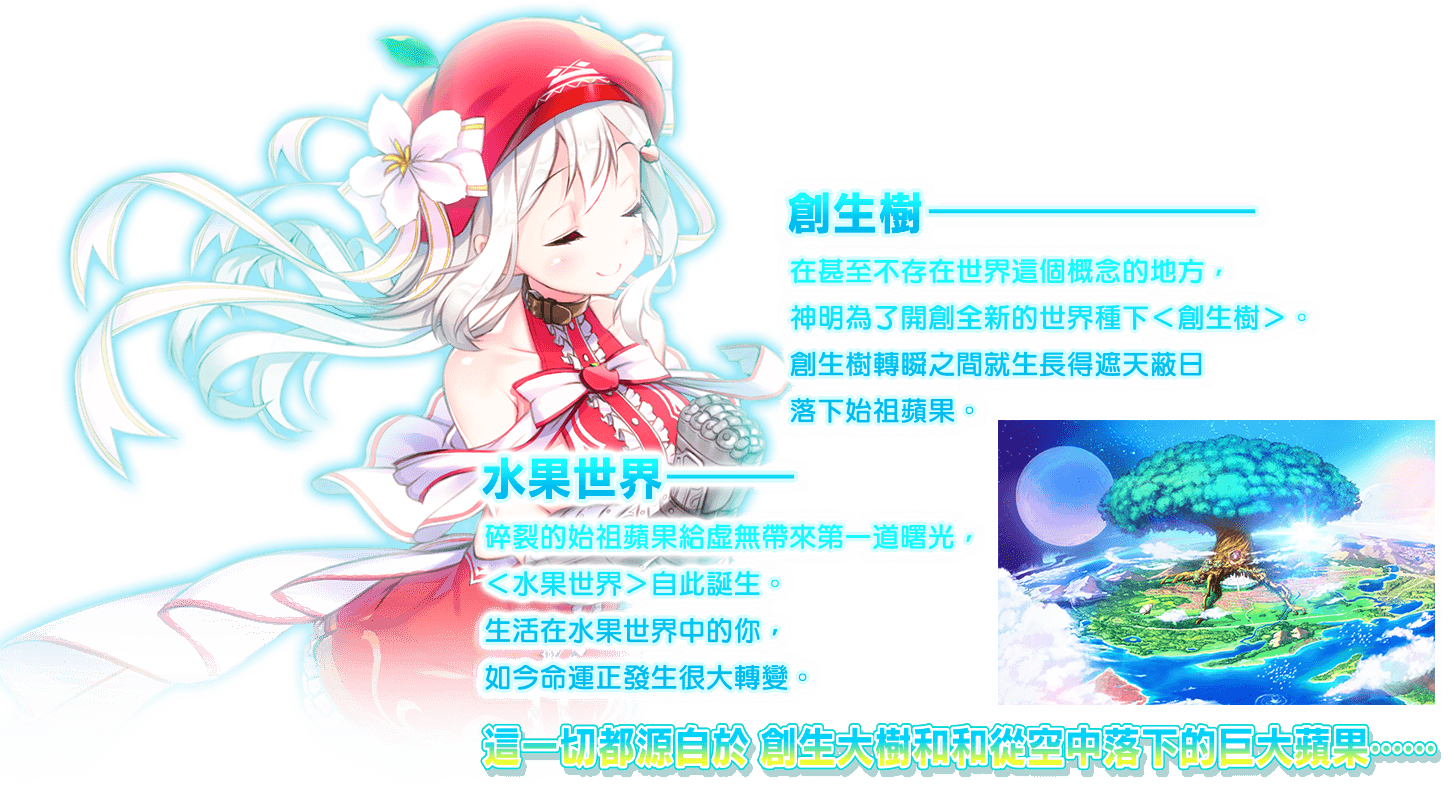 創生樹在甚至不存在世界這個概念的地方，神明為了開創全新的世界種下＜創生樹＞。創生樹轉瞬之間就生長得遮天蔽日落下始祖蘋果。水果世界碎裂的始祖蘋果給虛無帶來第一道曙光，＜水果世界＞自此誕生。生活在水果世界中的你，如今命運正發生很大轉變。這一切都源自於創生大樹和和從空中落下的巨大蘋果……